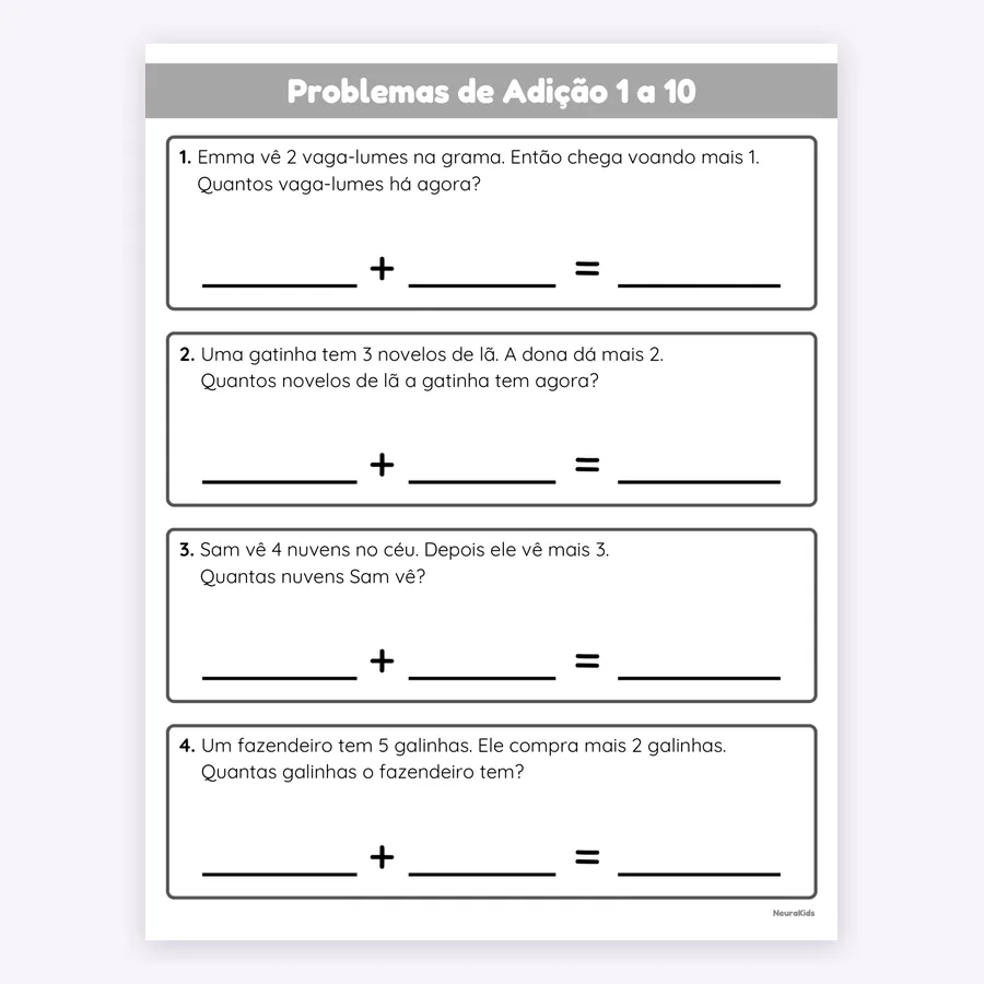 Problemas de adição de 1 a 10